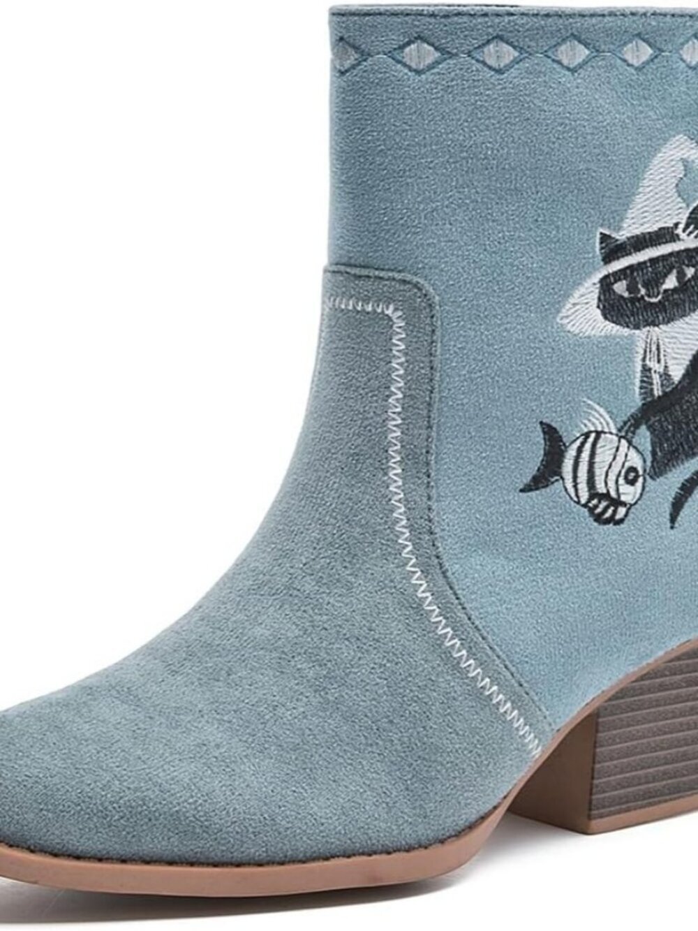 Women's Light Blue Western Boots Cowgirl Low Chunky Heel Pointed Toe Mid